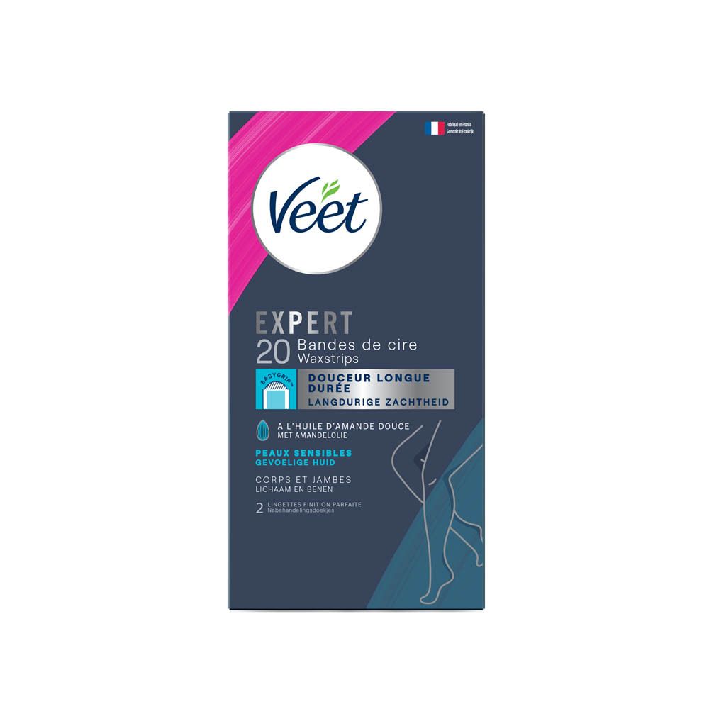 Veet Expert Waxstrips-verpakking. 20 strips voor lichaam en benen. Met amandelolie. Voor gevoelige huid.