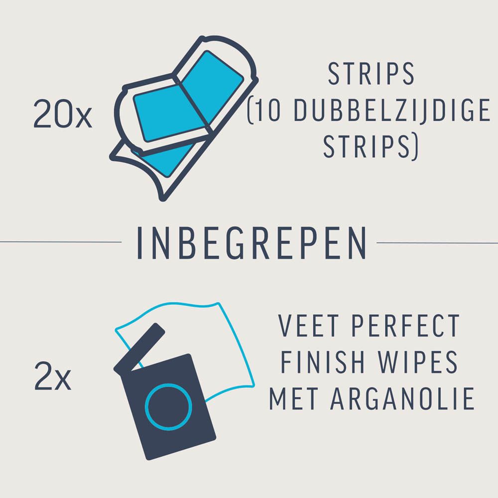 Inhoud: 20 strips (10 dubbelzijdige strips) en 2 Veet Perfect Finish doekjes met arganolie.