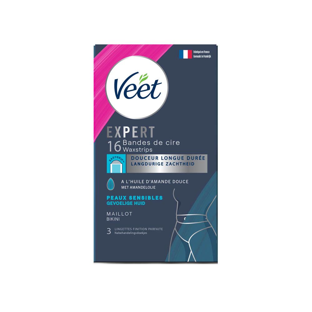 Veet Expert waxstrips, verpakking. 16 strips, gevoelige huid. Met amandelolie. Bikinilijn.