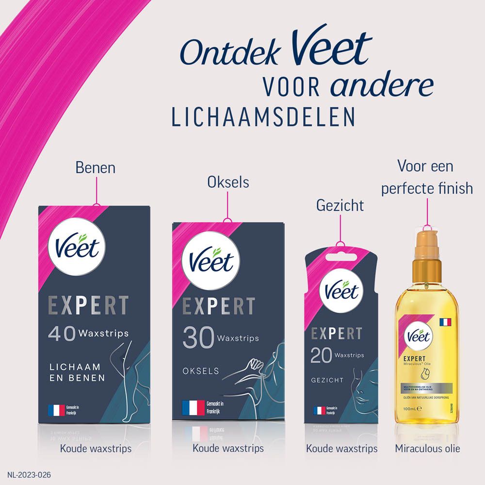 Veet Expert waxstrips, verpakking. 16 strips, gevoelige huid. Met amandelolie. Bikinilijn.