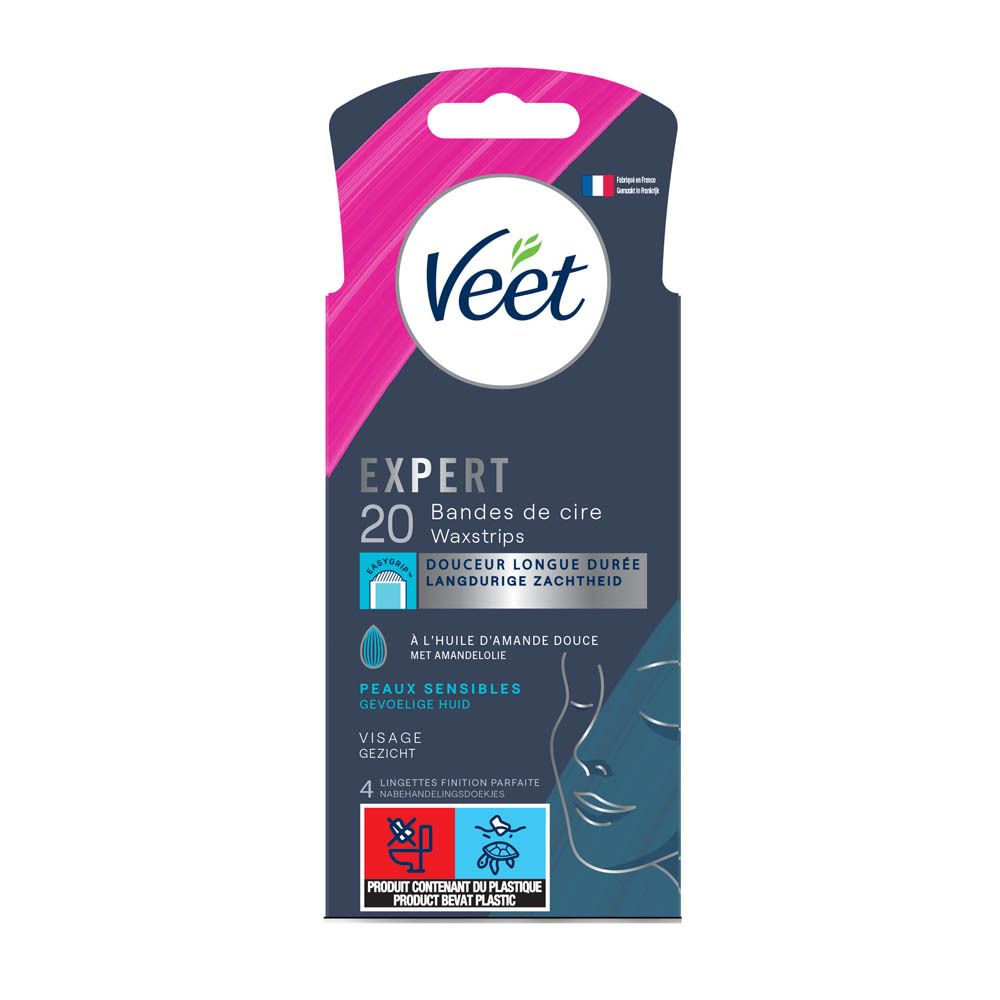 Veet Expert Waxstrips gezicht. 20 strips. Gevoelige huid. Met amandelolie. Franse vlag.