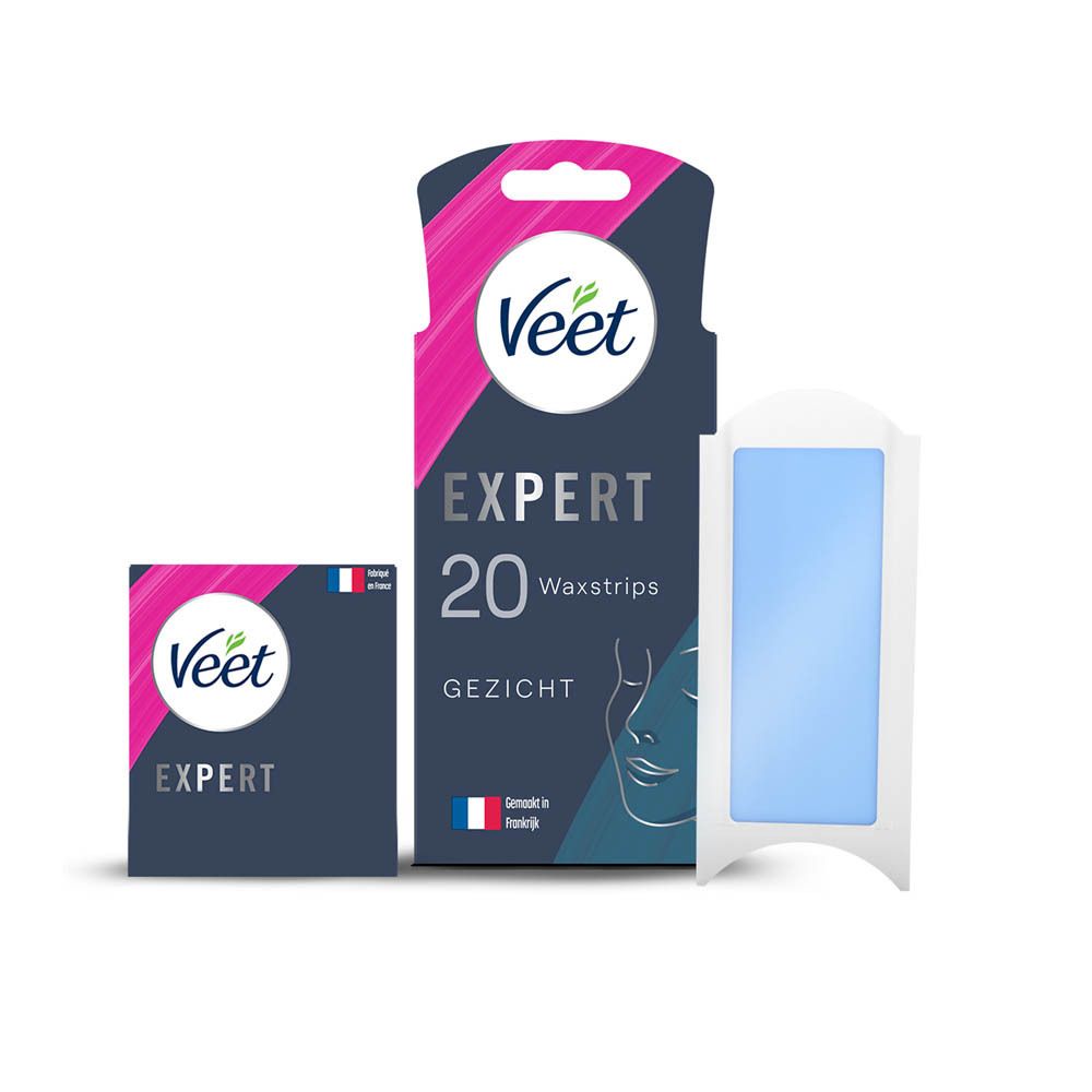 Veet Expert Waxstrips gezicht. Verpakking, 20 strips, gezicht. Franse vlag. 4 doekjes.