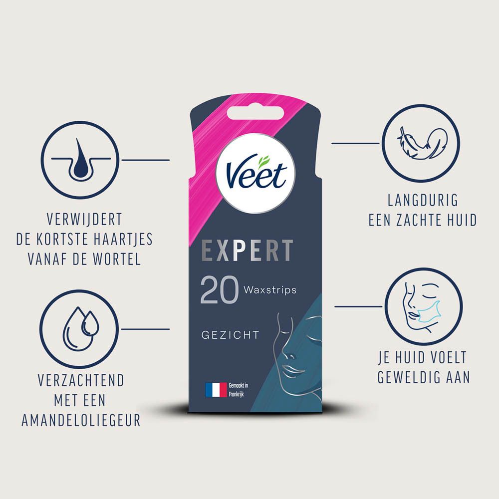 Veet Expert Waxstrips gezicht. 4 voordelen: ontharen, zachte huid, amandelolie, geweldig gevoel. Franse vlag.