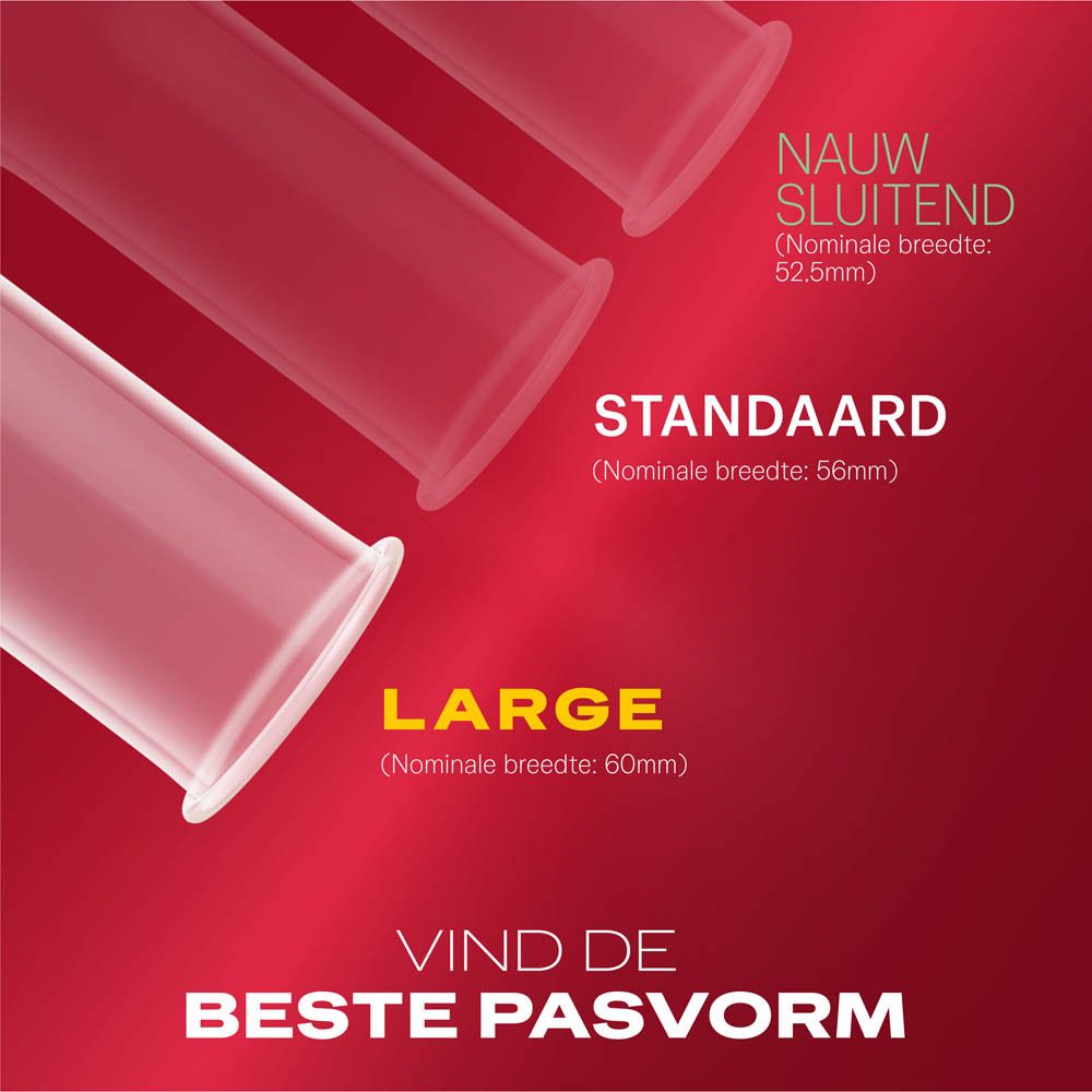 Grafiek met condoommaten: nauwsluitend, standaard, large. Vind de beste pasvorm.