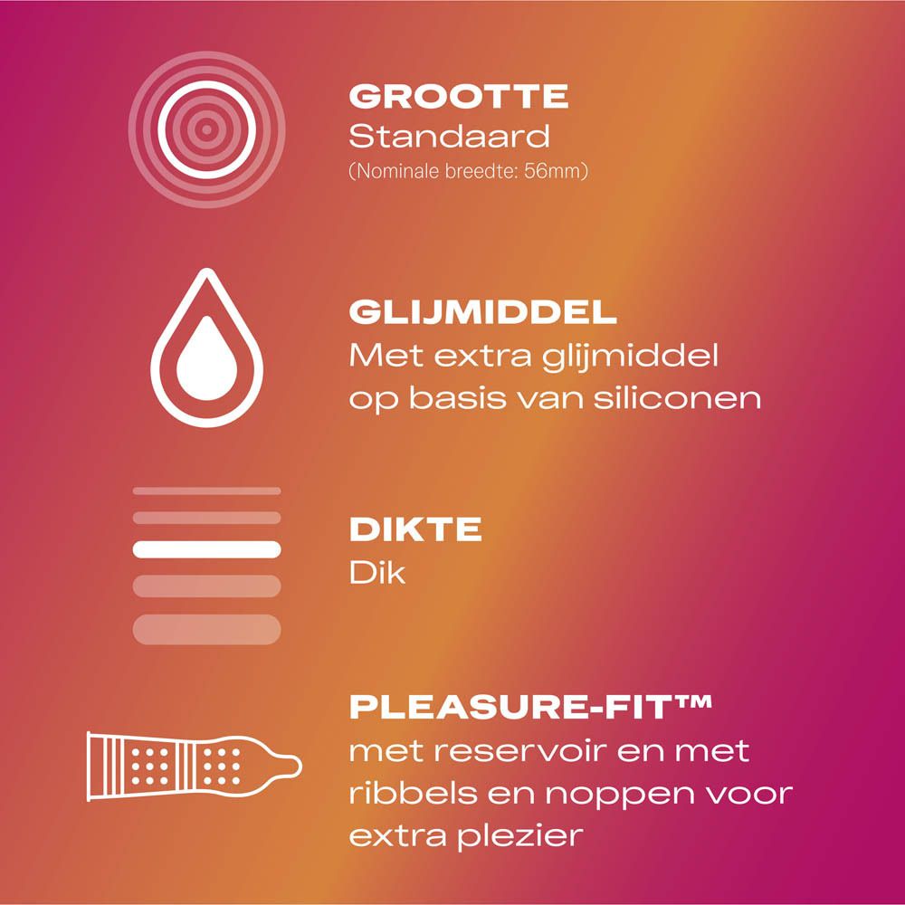 Infographic met informatie over Durex Pleasure Me condooms. Maatvoering en eigenschappen.