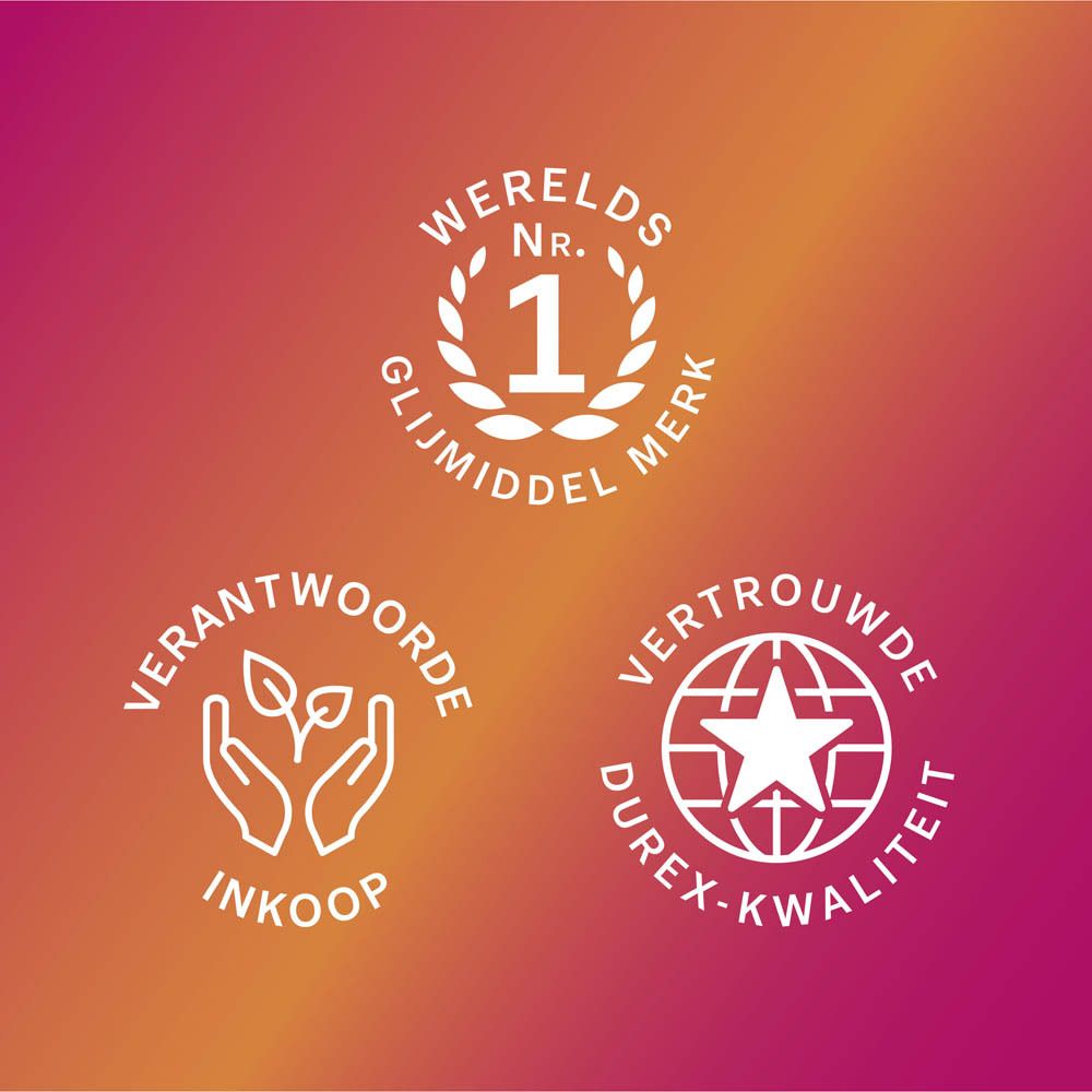 Drie logo's: Wereldwijd nr. 1 glijmiddel, Verantwoord inkopen, Vertrouwde Durex kwaliteit.