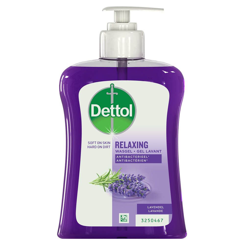 Dettol Relaxing Gel Lavant Antibactérien Lavande. Flacon violet avec pompe blanche. Étiquette avec nom et lavande.