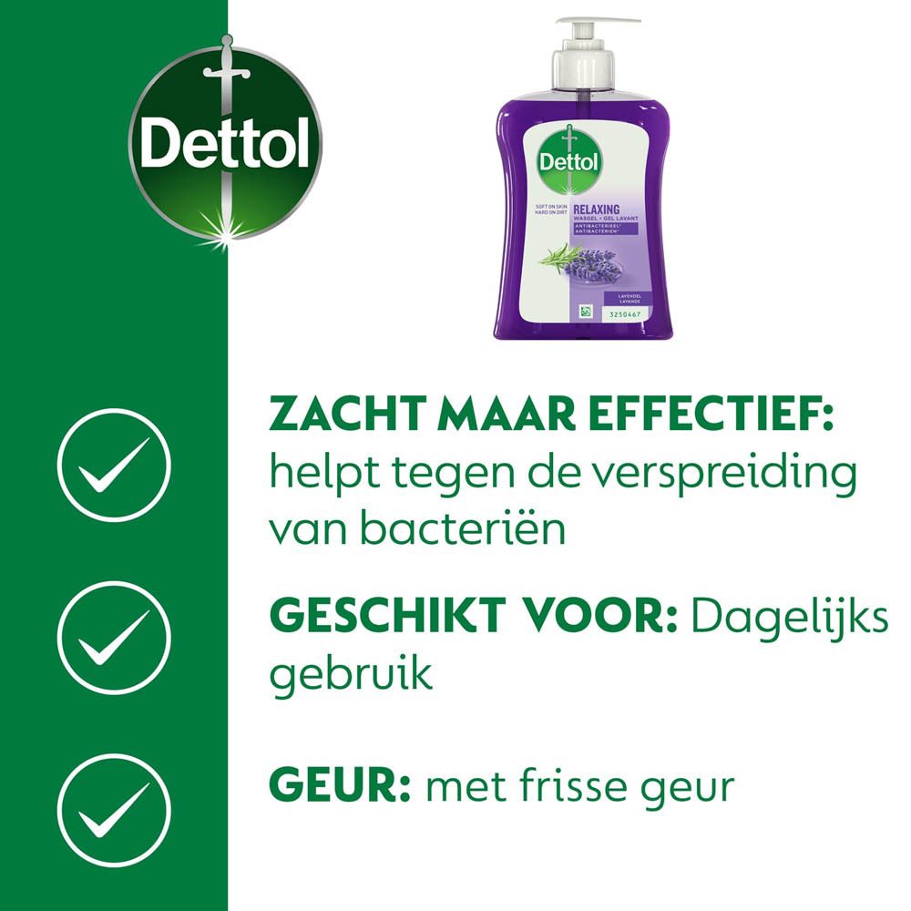 Dettol product met groene achtergrond. Zacht maar effectief: helpt tegen de verspreiding van bacteriën. Geschikt voor dagelijks gebruik.