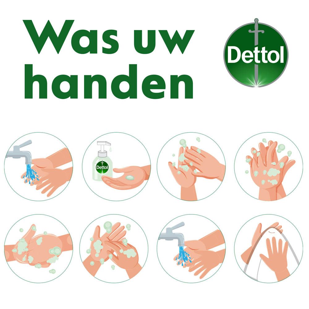 Was uw handen. Illustraties van hoe u uw handen wast met Dettol zeep.