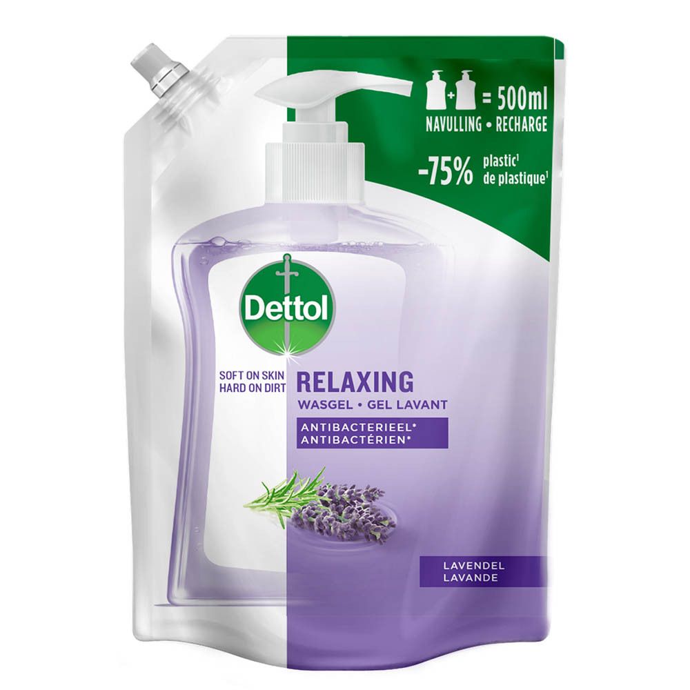 Dettol Relaxing wasgel in dispenser. Antibacterieel, lavendelgeur. Dispenser en navulling.