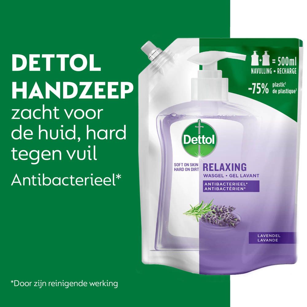 Dettol Handzeep, zacht voor de huid, hard tegen vuil. Antibacterieel. Groen-witte achtergrond.