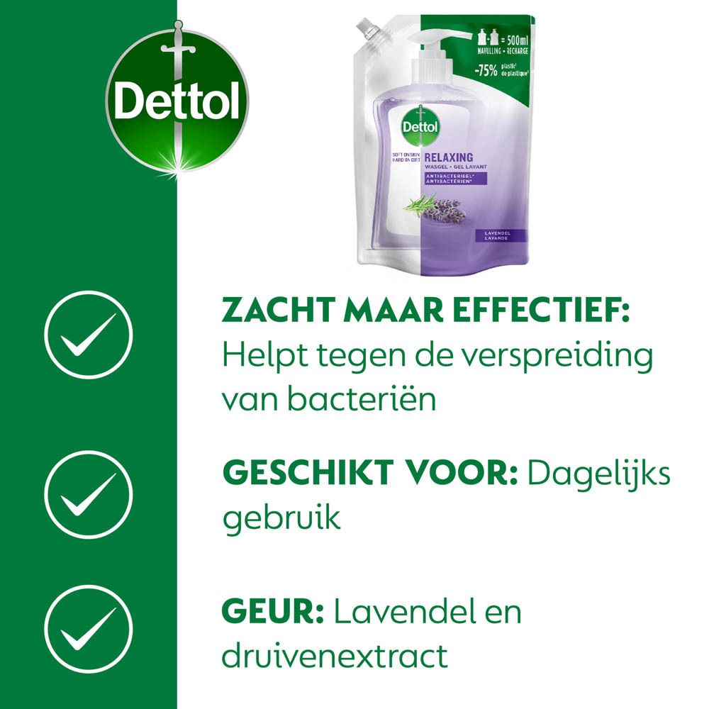 Informatie over Dettol: Helpt tegen bacteriën, dagelijks gebruik, lavendelgeur. Groene achtergrond.
