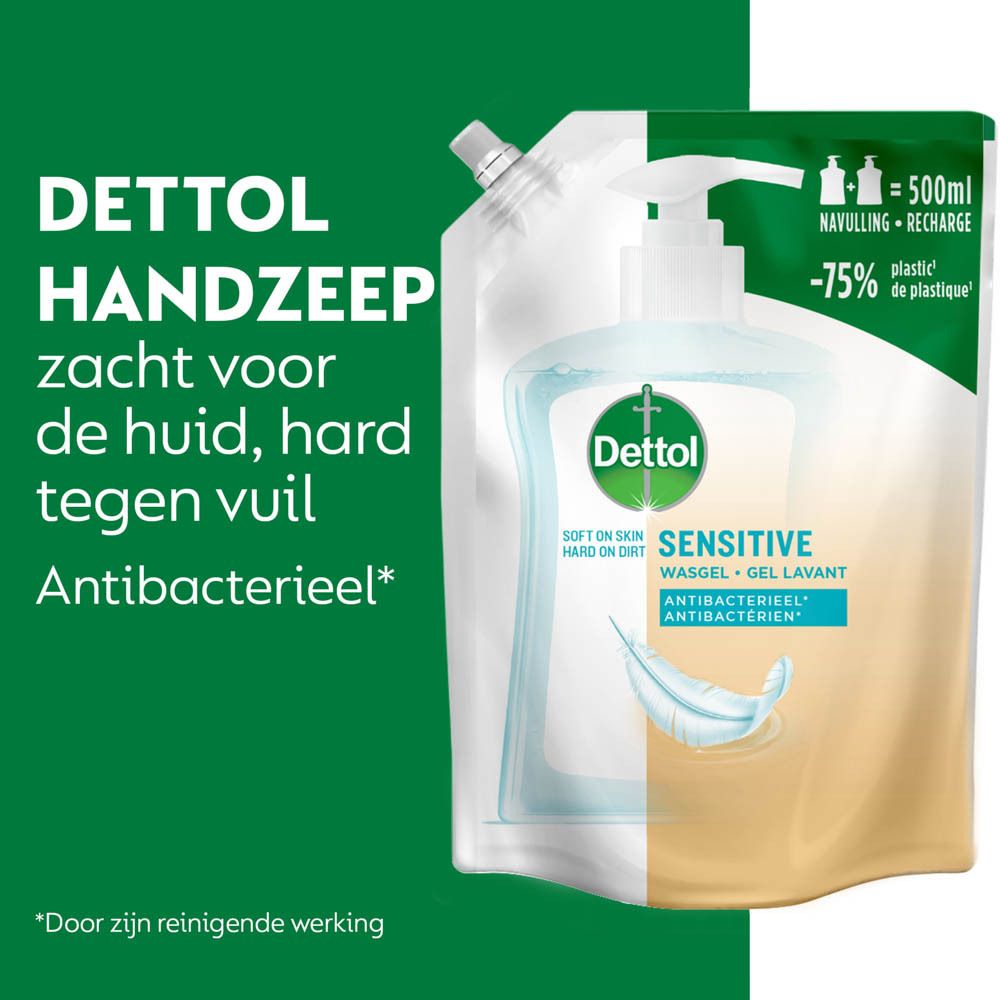 Dettol Handzeep, zacht voor de huid, hard tegen vuil. Antibacterieel. Groene achtergrond met productverpakking.