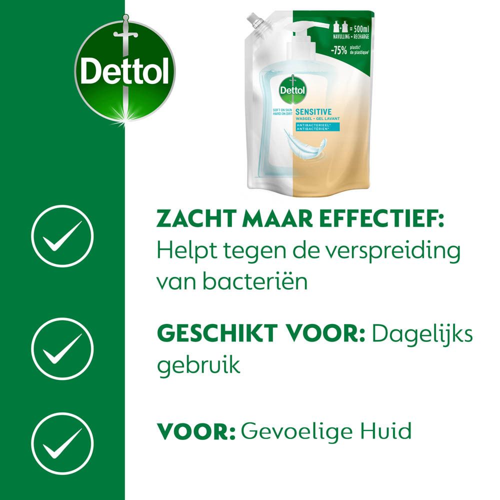 Product met groene vinkjes. Zacht maar effectief: helpt tegen de verspreiding van bacteriën. Geschikt voor dagelijks gebruik.