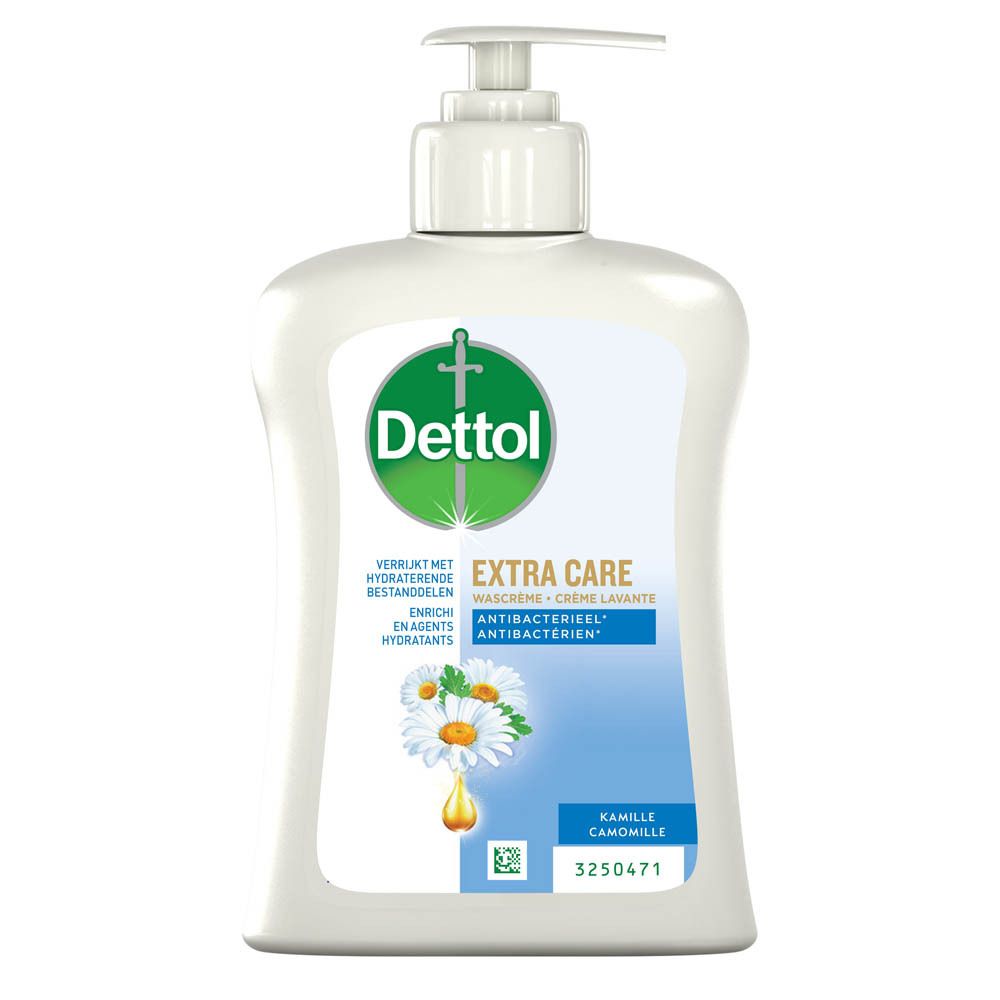 Witte fles met pomp. Opschrift: Dettol Extra Care Wascrème Antibacterieel. Illustratie van kamillebloemen.