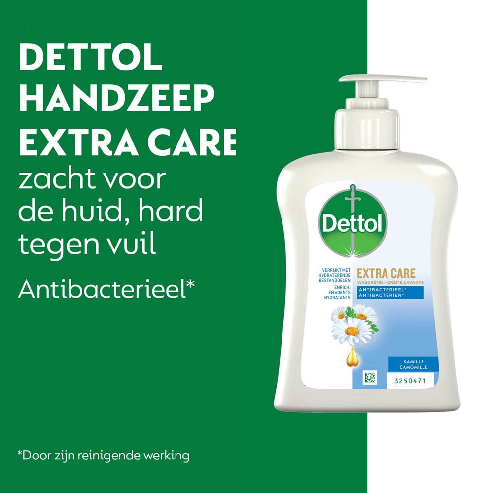 Groene achtergrond met tekst: Dettol Handzeep Extra Care. Zacht voor de huid, hard tegen vuil. Antibacterieel.