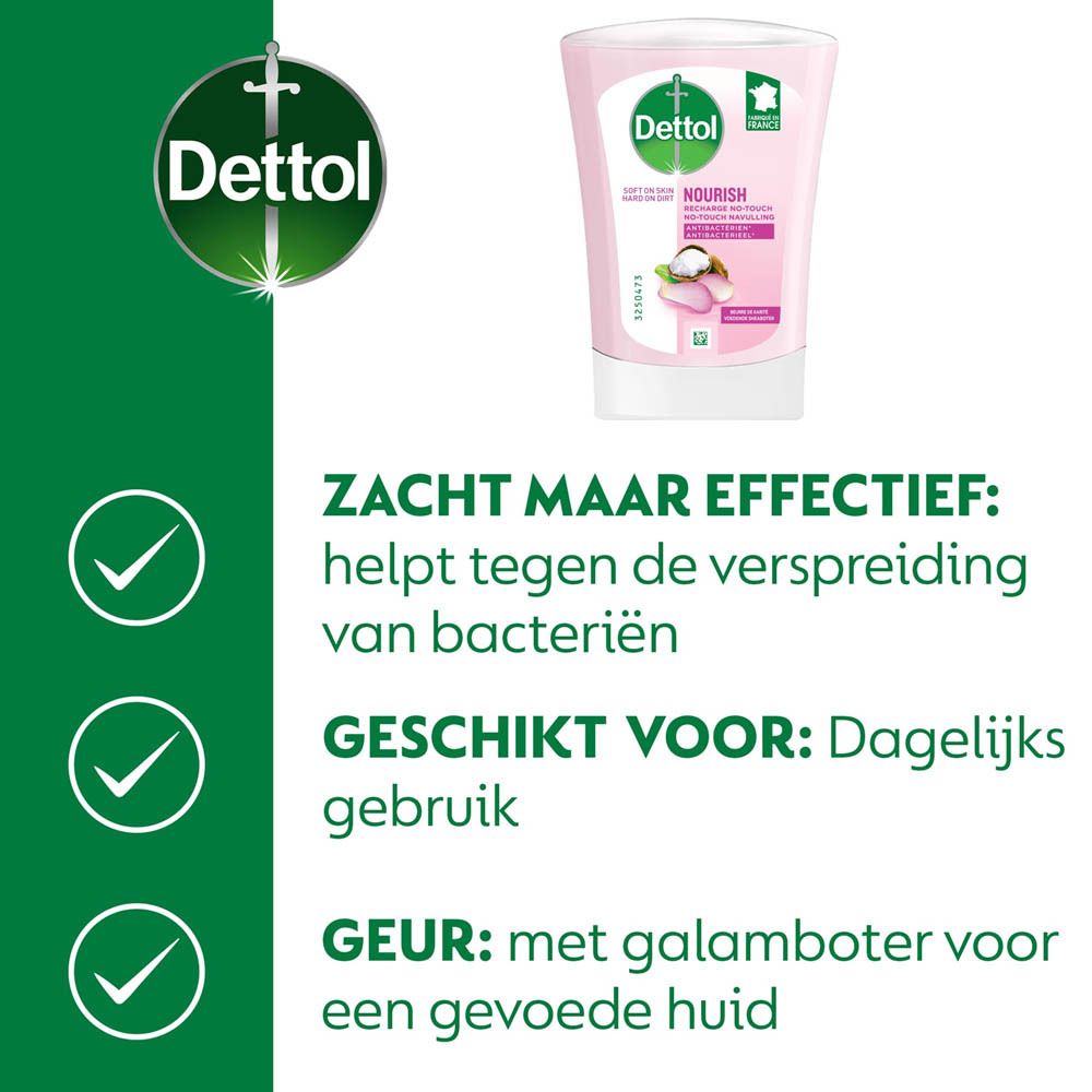 Reclame voor Dettol handzeep. Tekst in het Nederlands. Toont een roze vloeibare zeep.