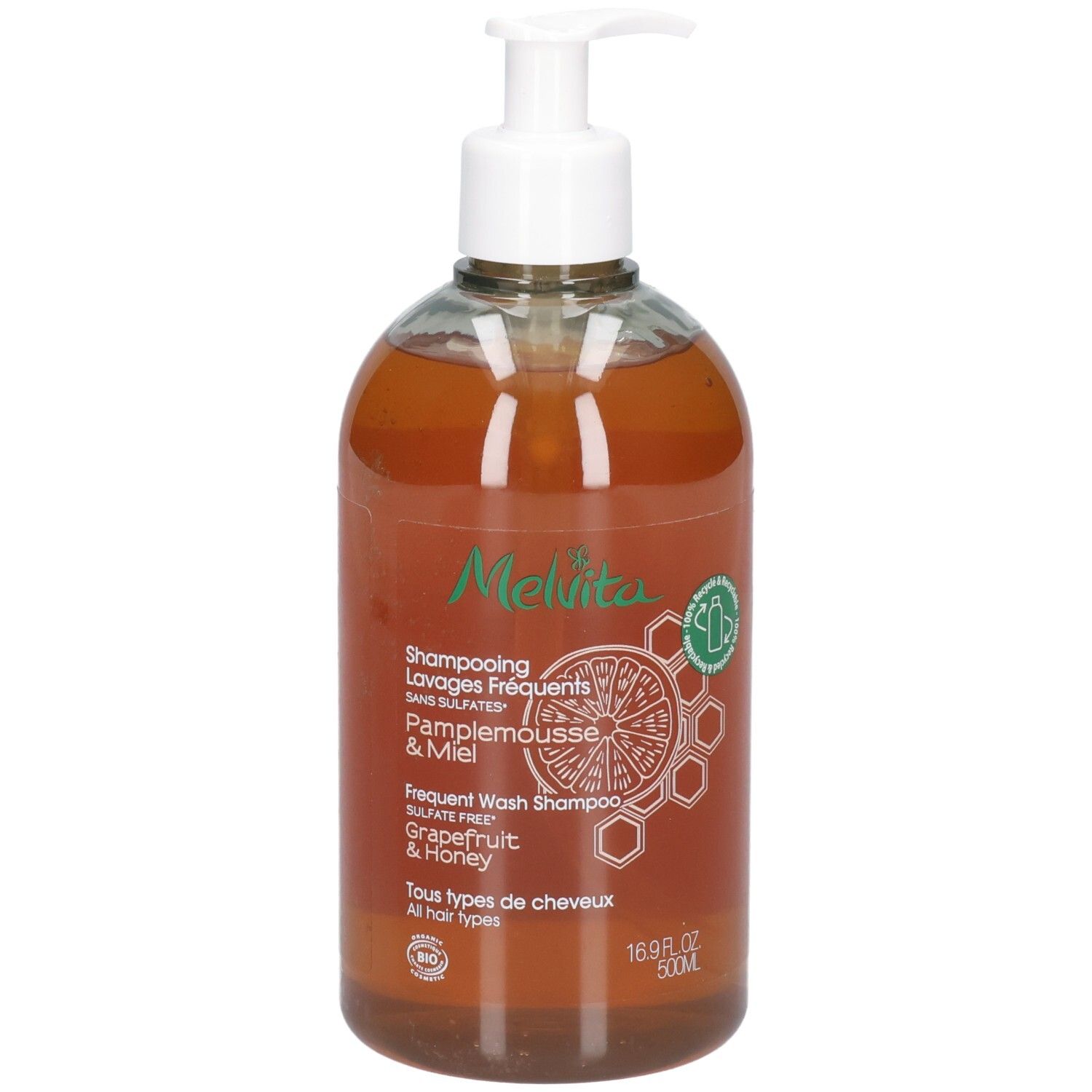 Melvita shampoo fles met pompdispenser, 500ml, Grapefruit & Honing.