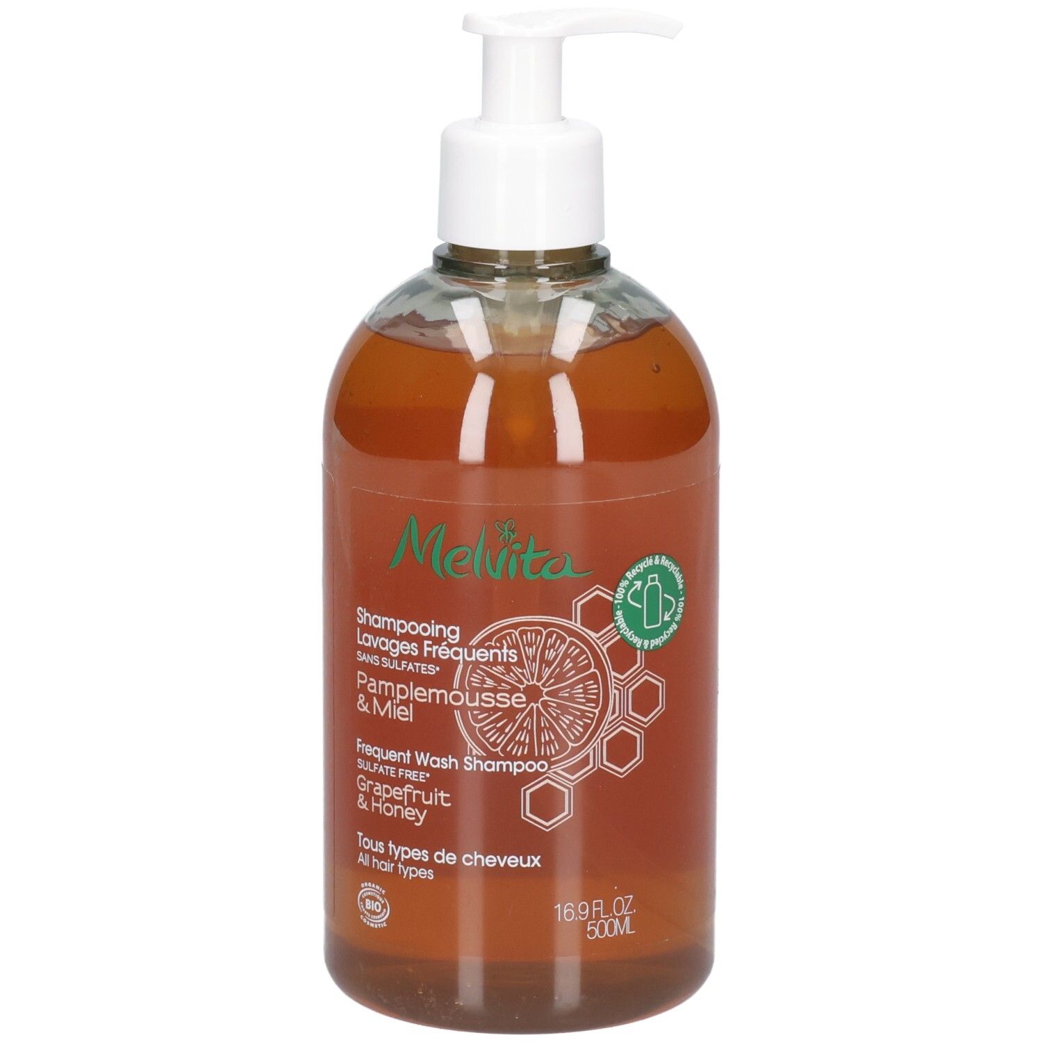 Melvita Shampoo Grapefruit & Honing, 500ml, pompfles.