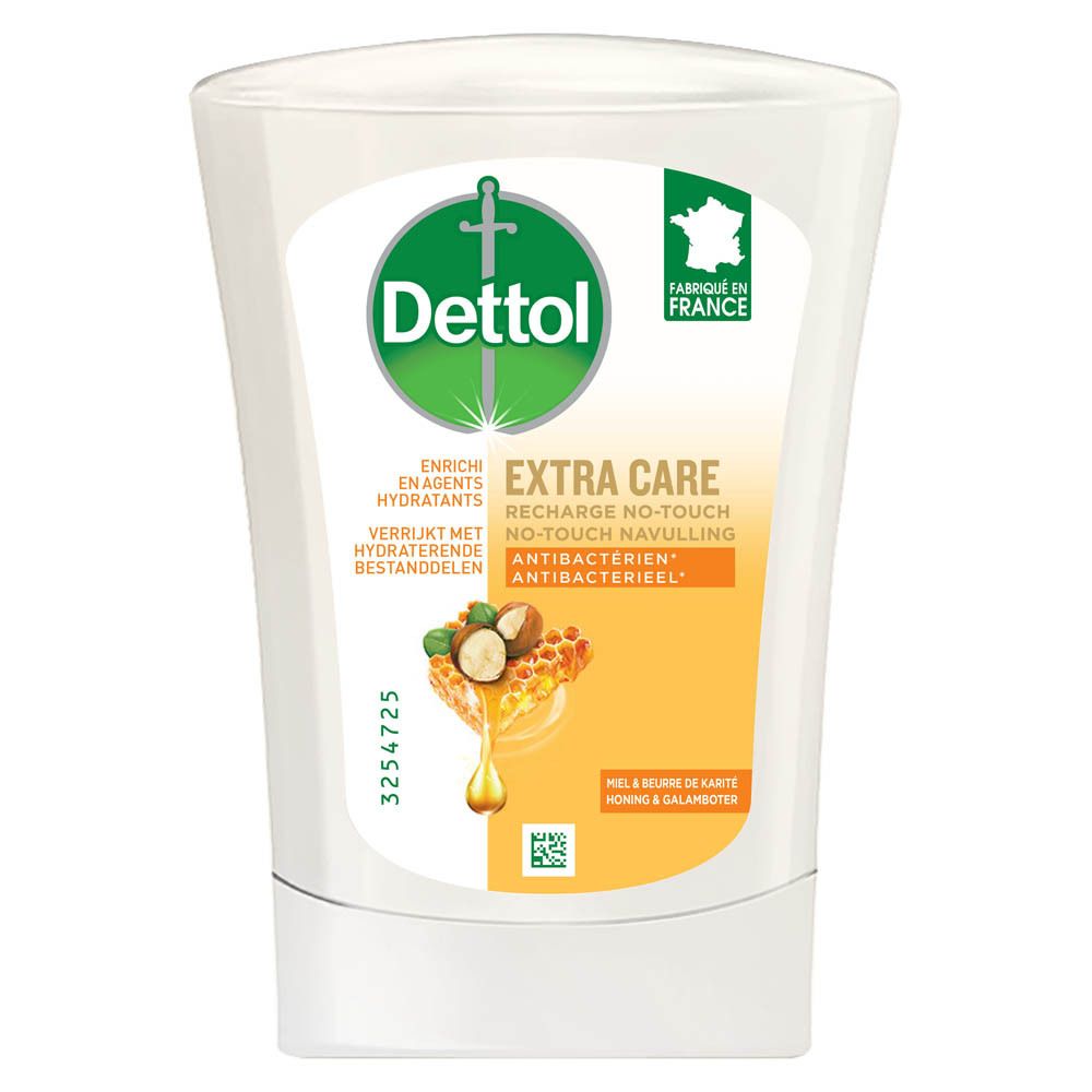 Witte Dettol navulverpakking. Opschrift: Extra Care, Recharge No-Touch, Antibacterieel. Honing & Karitéboter.