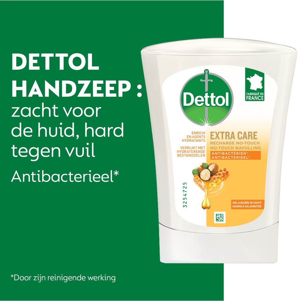 Dettol Handzeep: zacht voor de huid, hard tegen vuil. Antibacterieel. Groene achtergrond.