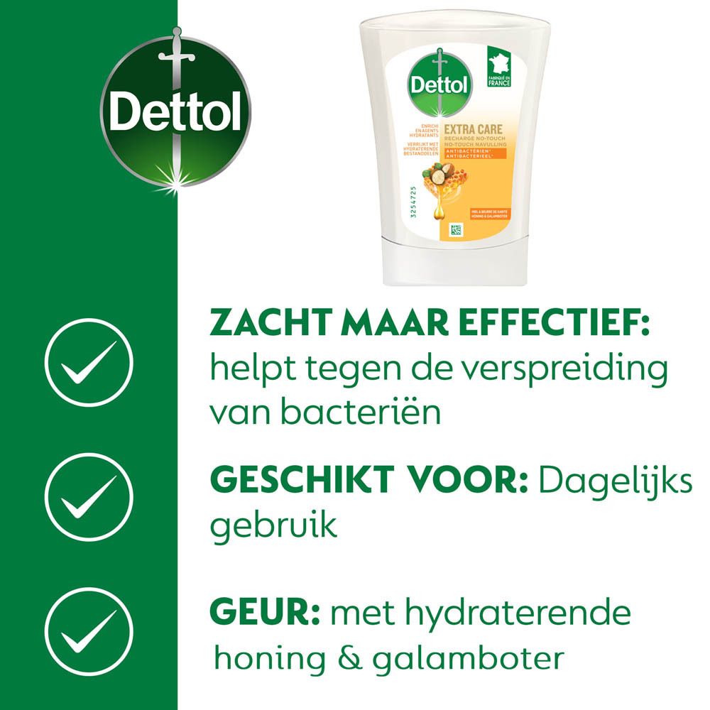 Dettol product met tekst: Zacht maar effectief: helpt tegen de verspreiding van bacteriën. Geschikt voor dagelijks gebruik.