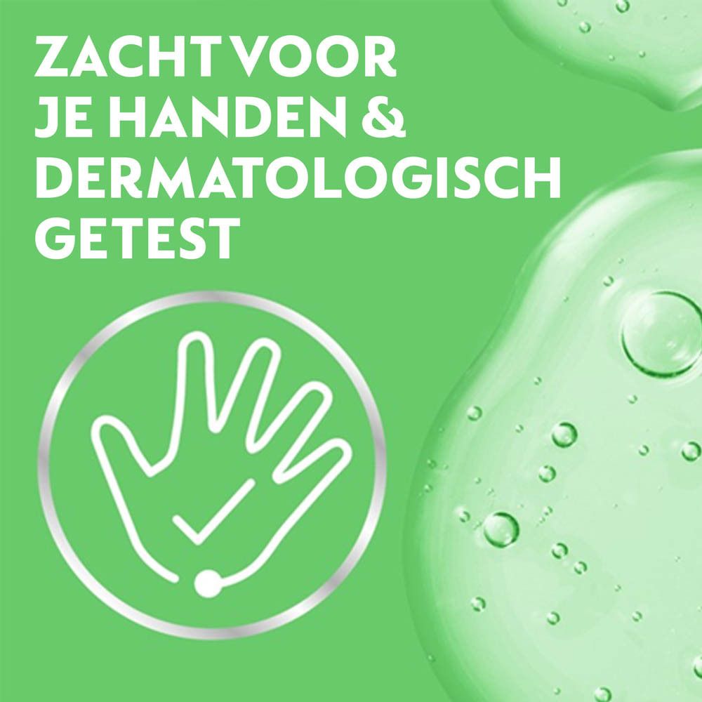 Hand met een duim-symbool. Tekst: Zacht voor je handen & dermatologisch getest. Groene achtergrond.