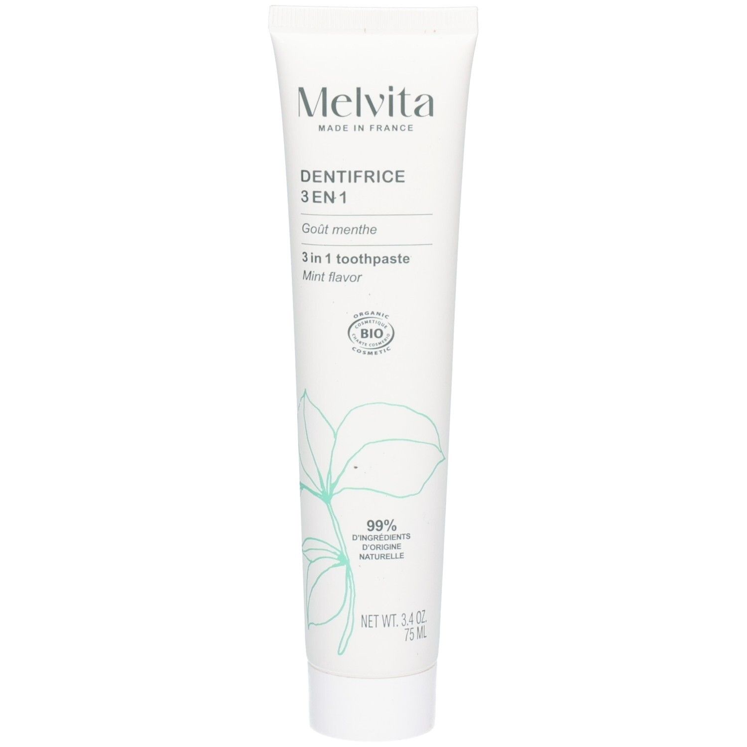 Witte tube met groene opdruk. Tekst: Melvita, Dentifrice 3 en 1, Mint flavor. Bio-certificering. Netto inhoud: 75 ml.