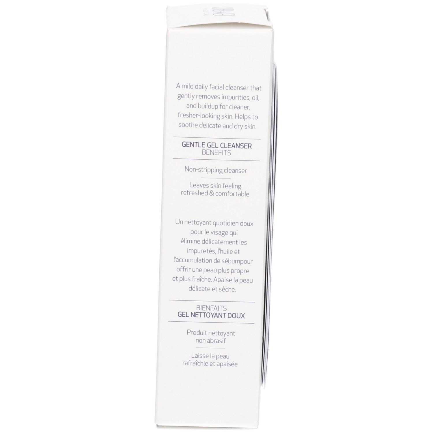 Côté de la boîte d'emballage OBAGI Nu-Derm Gentle Cleanser avec les avantages.