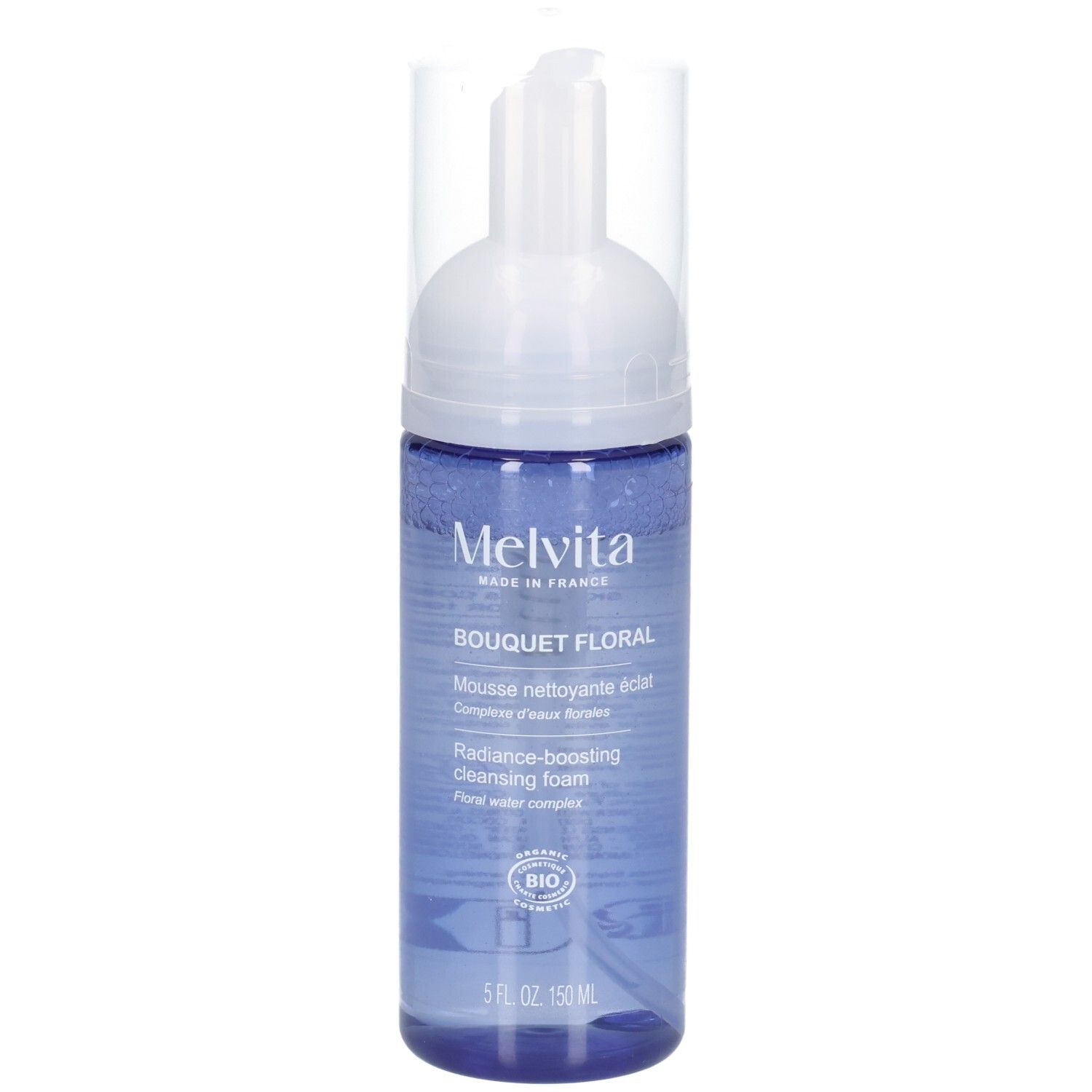 Mousse nettoyante Melvita, flacon avec pompe et label Bio sur l'étiquette.