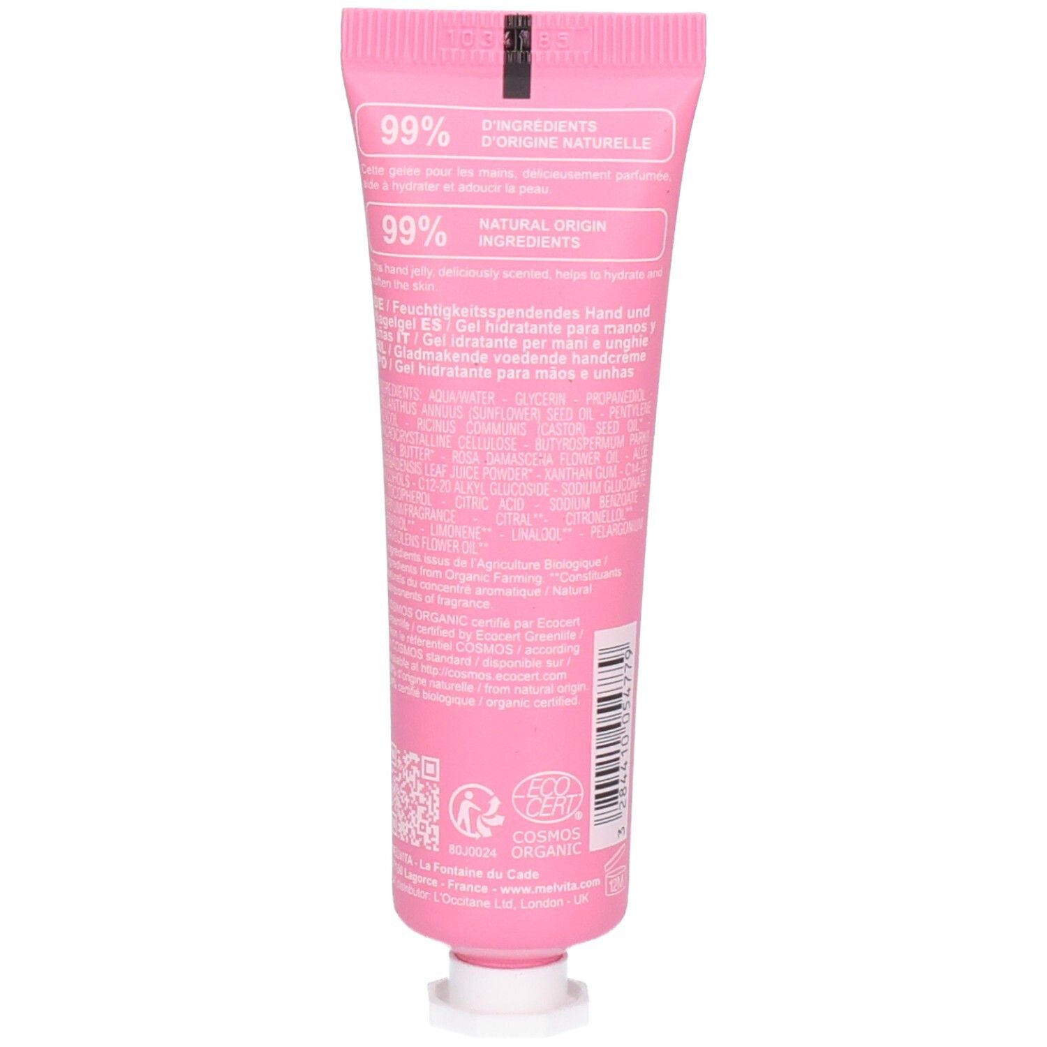 Dos du tube rose. Inscriptions: 99% d'ingrédients d'origine naturelle. Texte multilingue. Label Cosmo Organic.