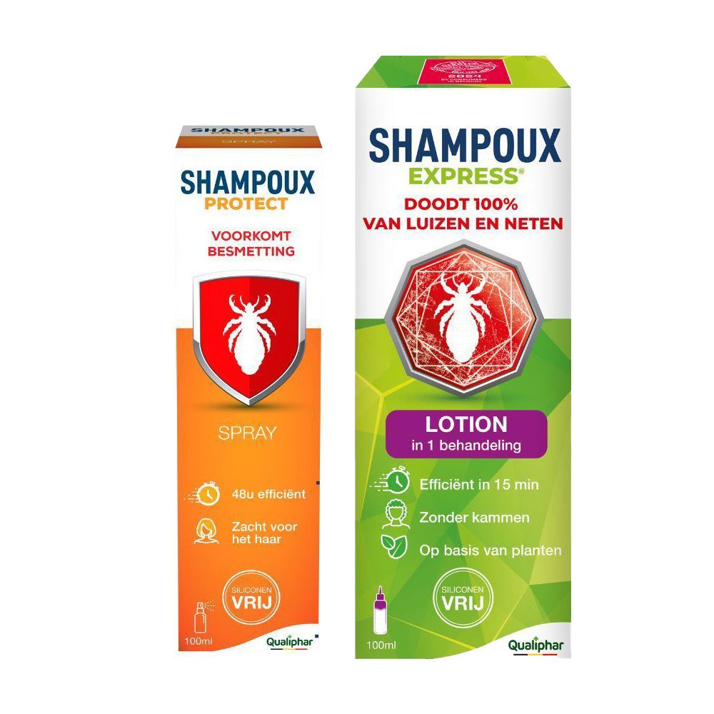 Twee producten: Shampoux Express Lotion en Protect Spray. Rood logo. Spray oranje, Lotion wit met paarse details. Opschriften.