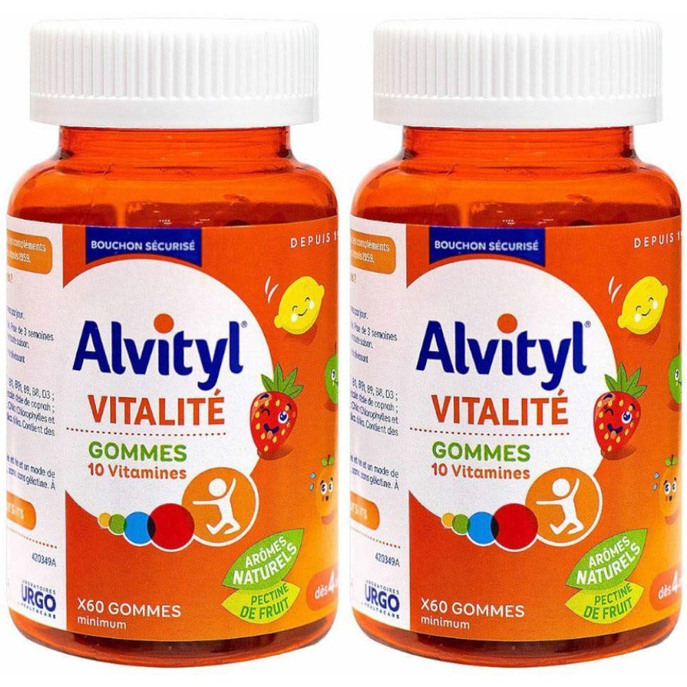 Twee flessen Alvityl Vitaliteit Gummies. Oranje flessen met witte dop. Opschrift: Vitaliteit, 10 Vitaminen, 60 gummies.