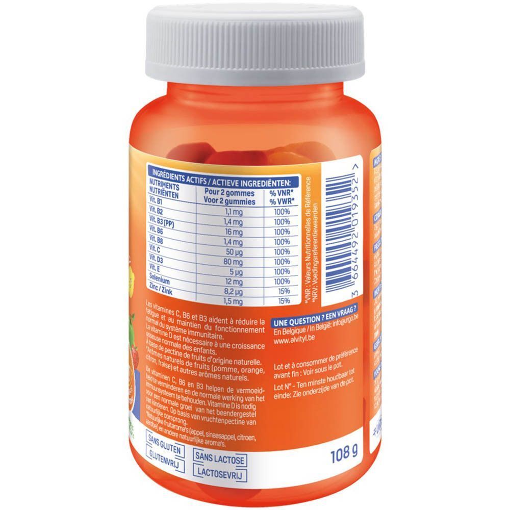 Arrière d'un flacon de Gummies Vitalité Alvityl avec informations nutritionnelles.