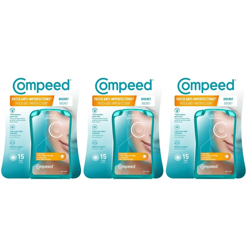Drie verpakkingen Compeed® pleisters tegen onzuiverheden. Elke verpakking bevat 15 pleisters. De verpakking toont een gezicht.