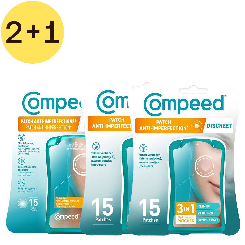 Drie verpakkingen Compeed Patch Anti-Imperfections. Elke verpakking bevat 15 pleisters. Eén verpakking toont "Discreet".