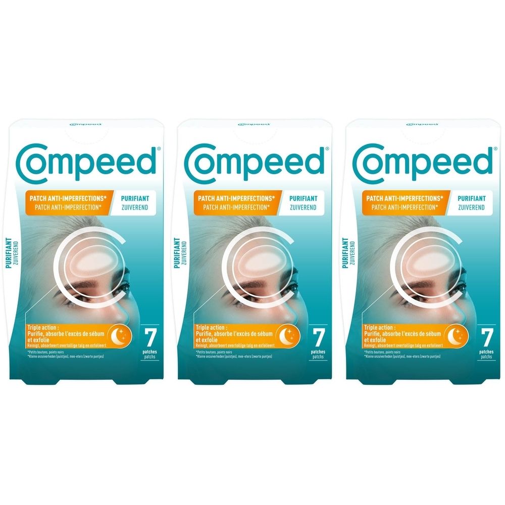 Drie verpakkingen Compeed® Patchs anti-imperfections. Elke verpakking bevat 7 patches. Tekst: Purifiant, Patch anti-imperfections.