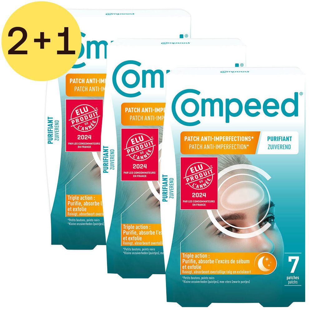 Trois paquets de patchs Compeed® Anti-Imperfections Purifiant Nuit. Mention 2+1 GRATUIT. Label ELU PRODUIT DE L'ANNEE 2024.