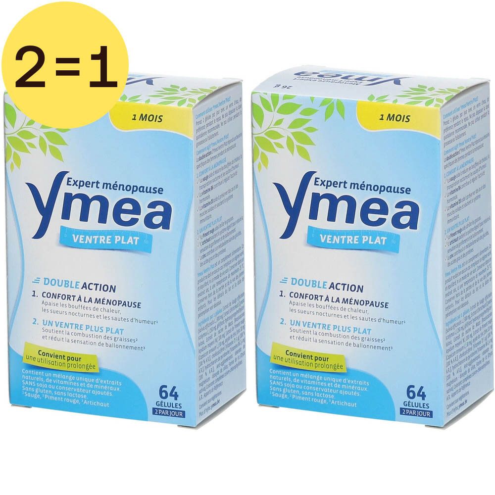 Twee verpakkingen Ymea Ventre Plat. Blauwe verpakking met witte tekst. Opschrift '2=1'.
