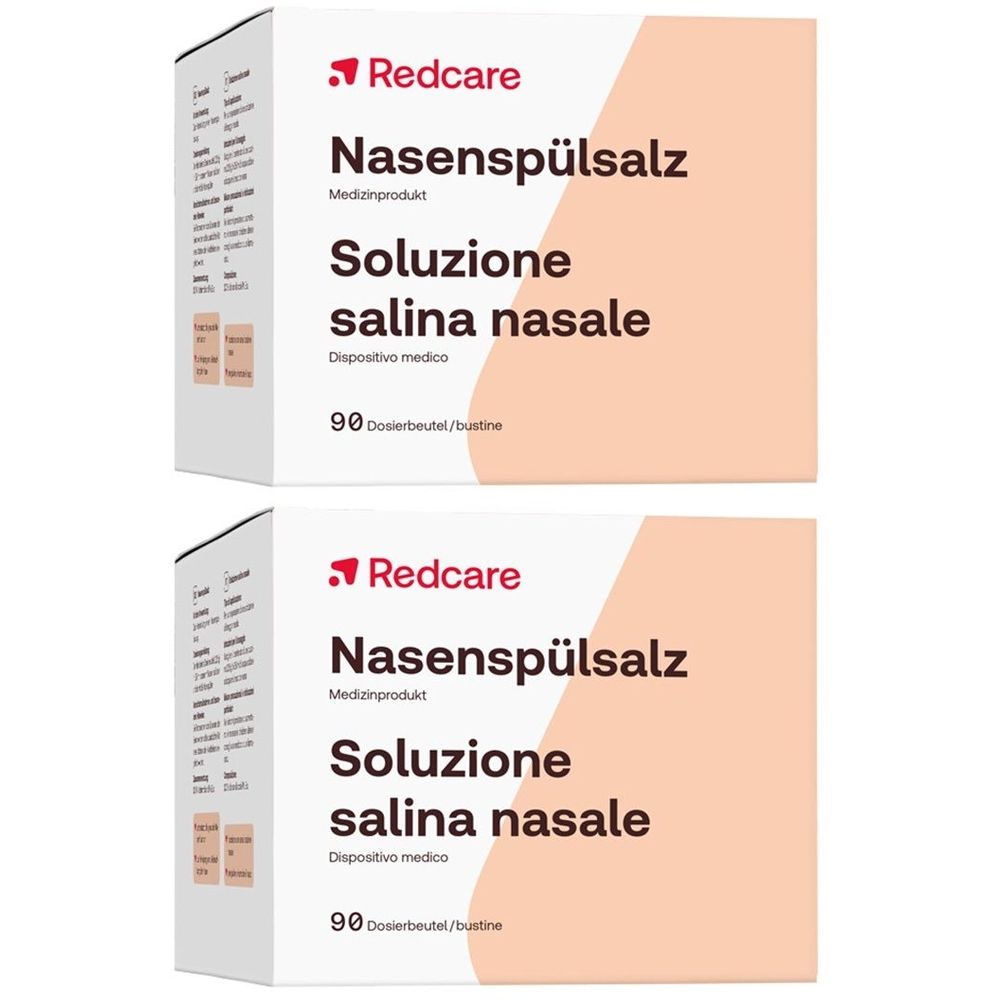 Deux boîtes avec texte rouge et blanc. Inscription: Nasenspülsalz, Soluzione salina nasale, 90 sachets-dose.