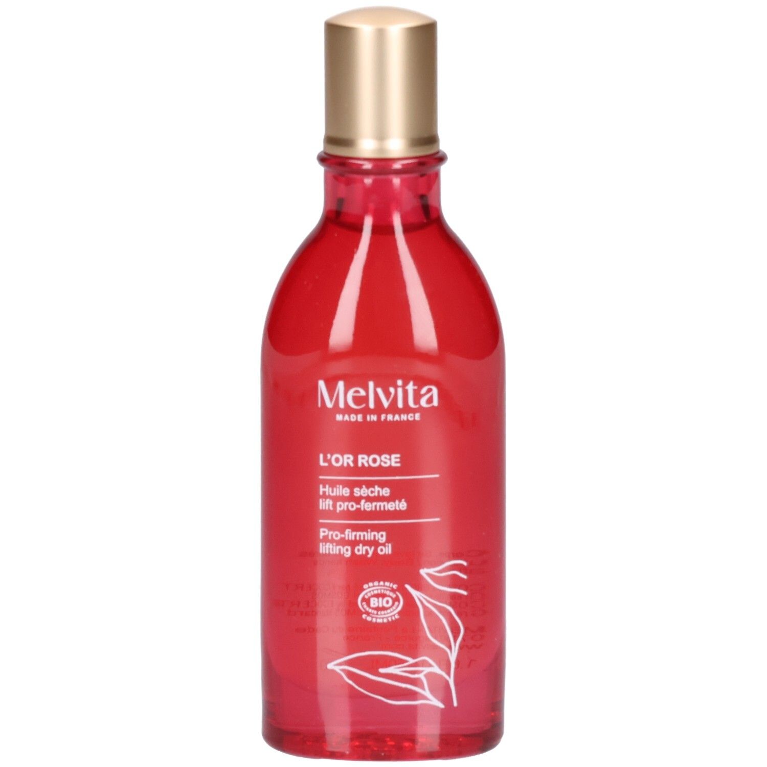 Melvita L'Or Rose lichaamsolie in rode glazen fles met gouden dop. BIO-keurmerk zichtbaar.