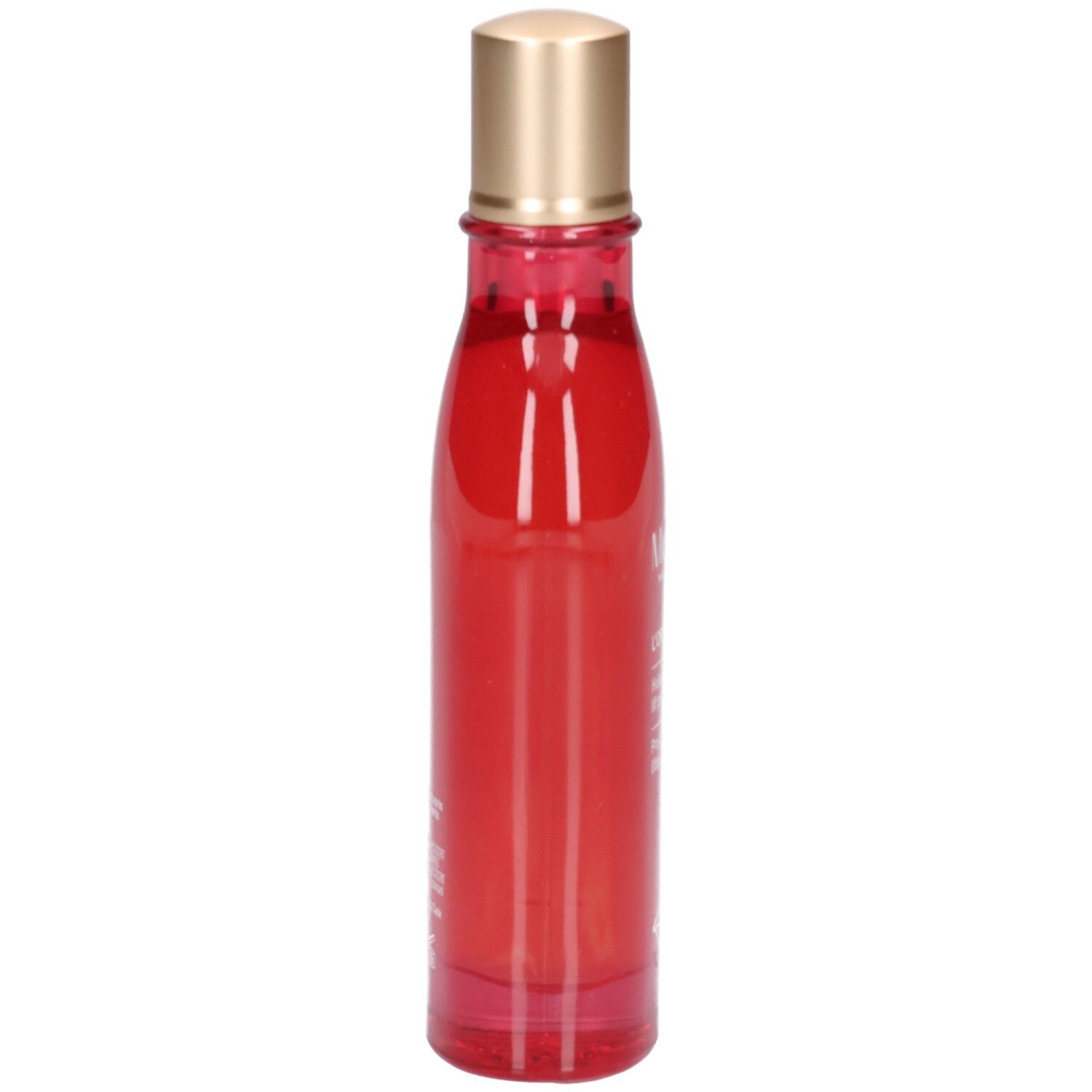 Rode glazen fles Melvita L'Or Rose lichaamsolie met gouden dop, van de zijkant gezien.