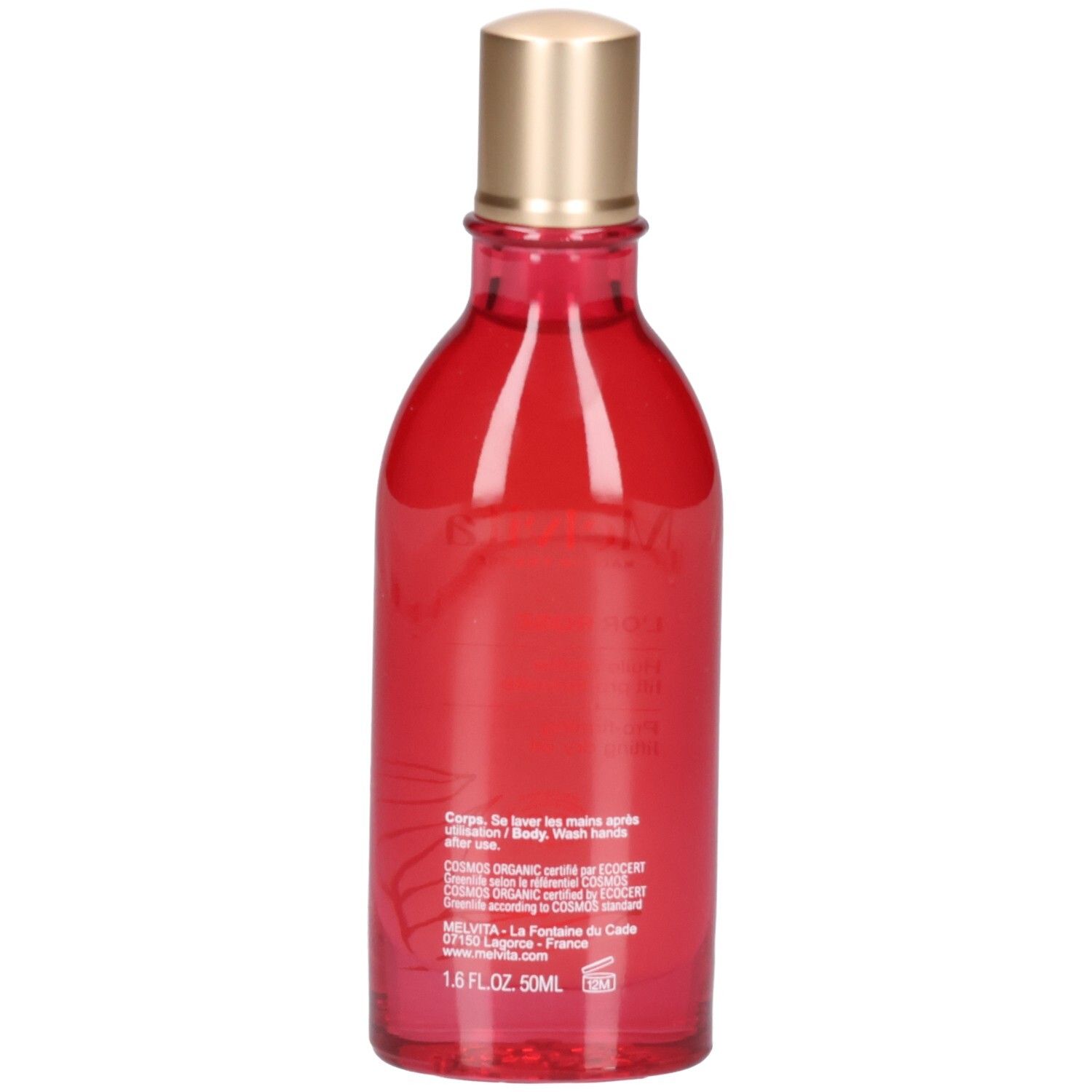 Achterkant van de rode Melvita L'Or Rose lichaamsolie fles. Bevat BIO-keurmerk en 50ml aanduiding.