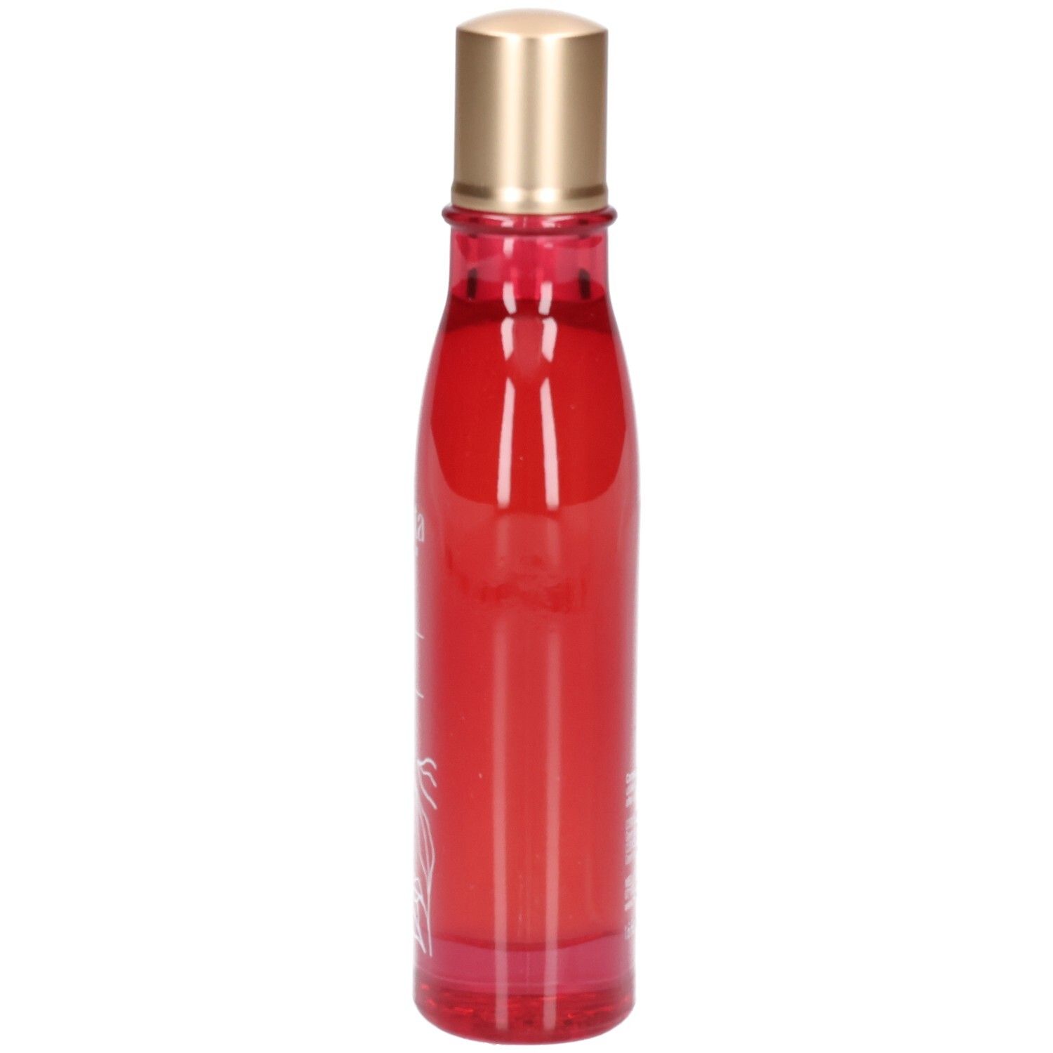 Rode glazen fles Melvita L'Or Rose lichaamsolie met gouden dop, van de zijkant gezien.