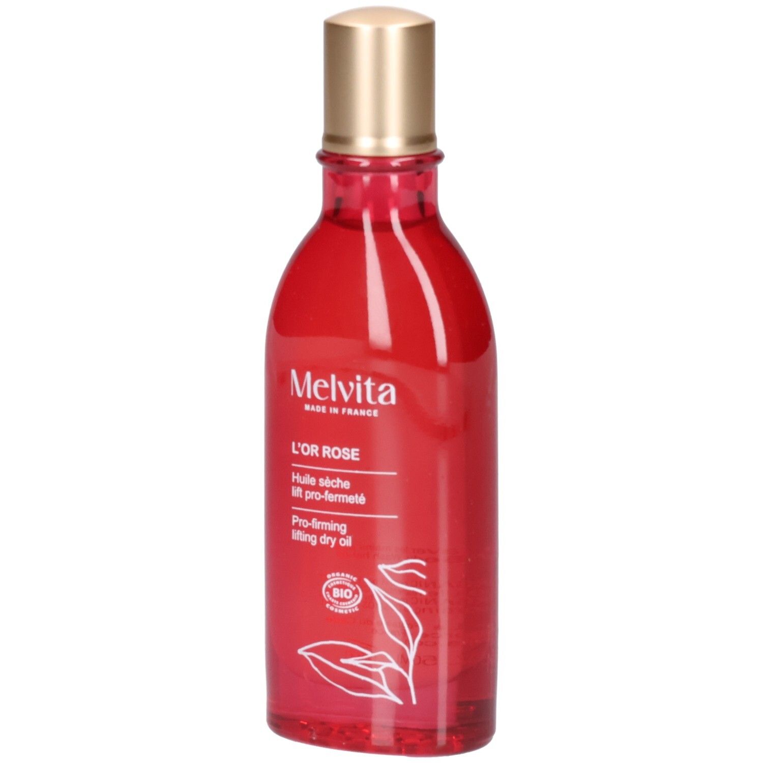 Melvita L'Or Rose lichaamsolie in rode glazen fles met gouden dop. BIO-keurmerk zichtbaar.