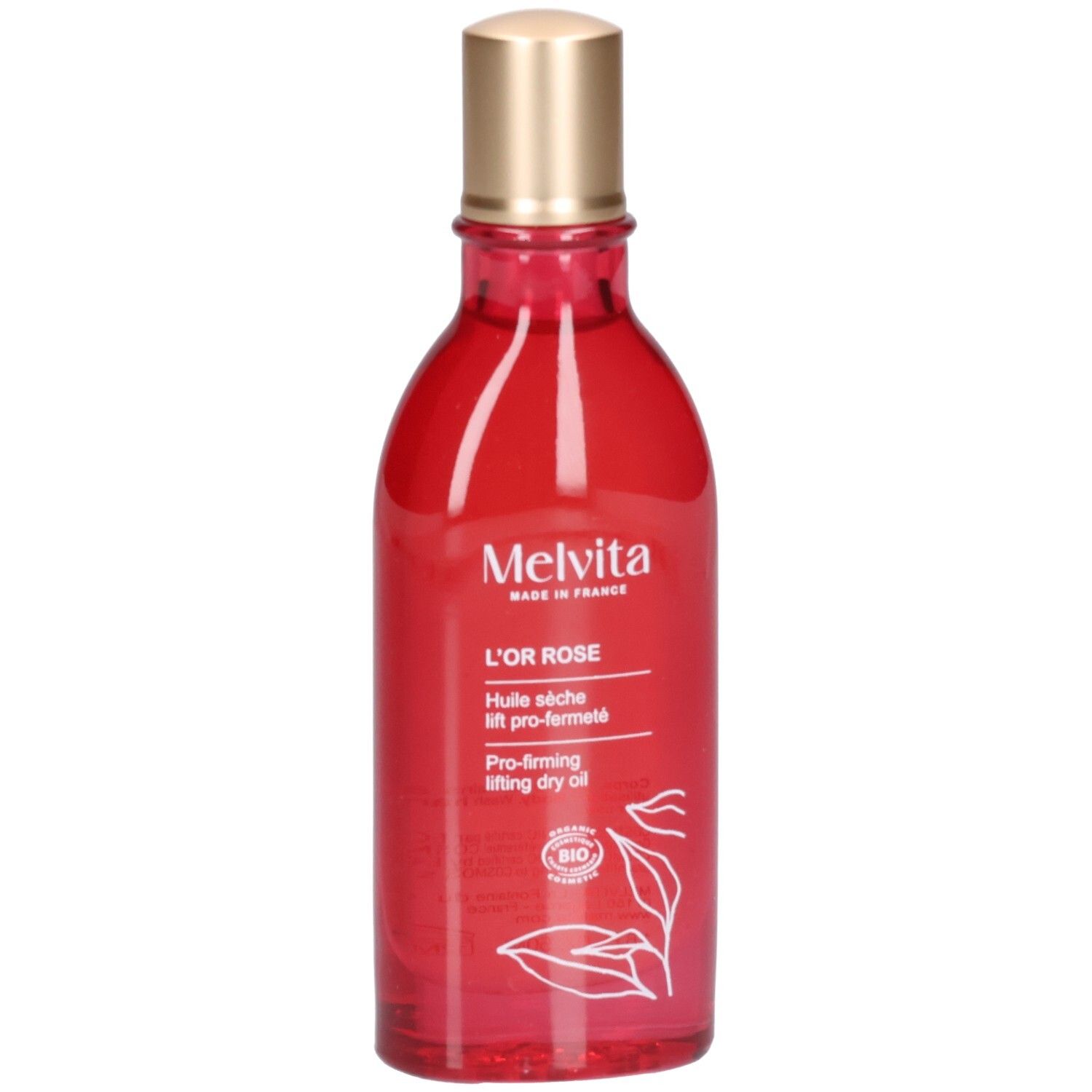 Melvita L'Or Rose lichaamsolie in rode glazen fles met gouden dop. BIO-keurmerk zichtbaar.