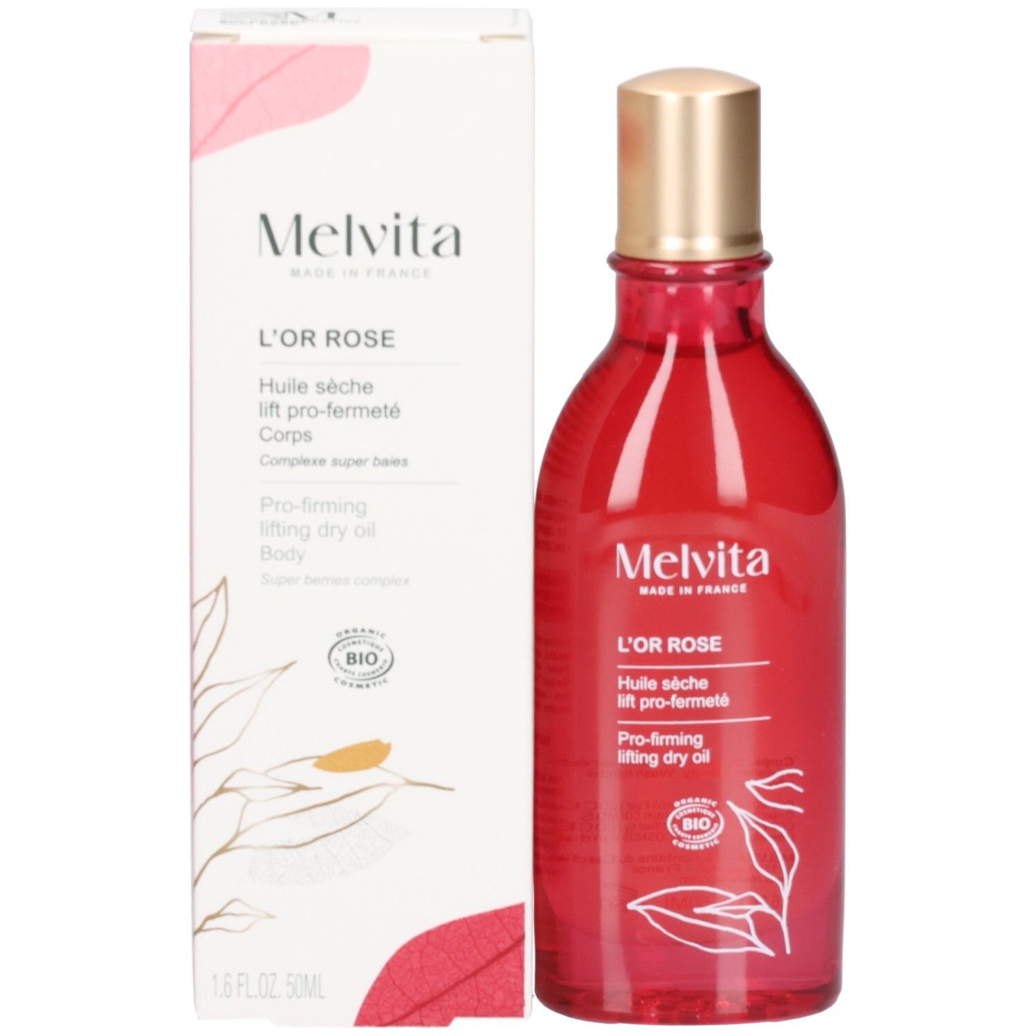 Melvita L'Or Rose lichaamsolie en de verpakking. Rode fles gouden dop, witte doos.