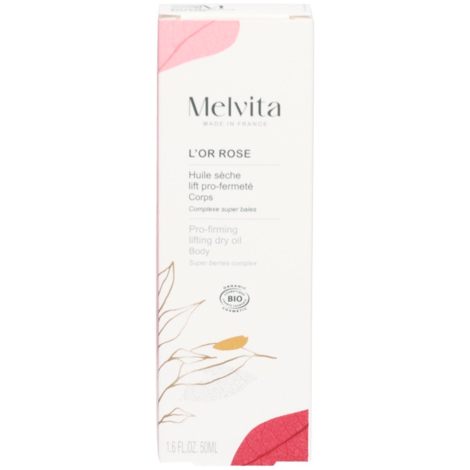 Verpakking van de Melvita L'Or Rose lichaamsolie. Witte doos met bloemenmotief en BIO-keurmerk.