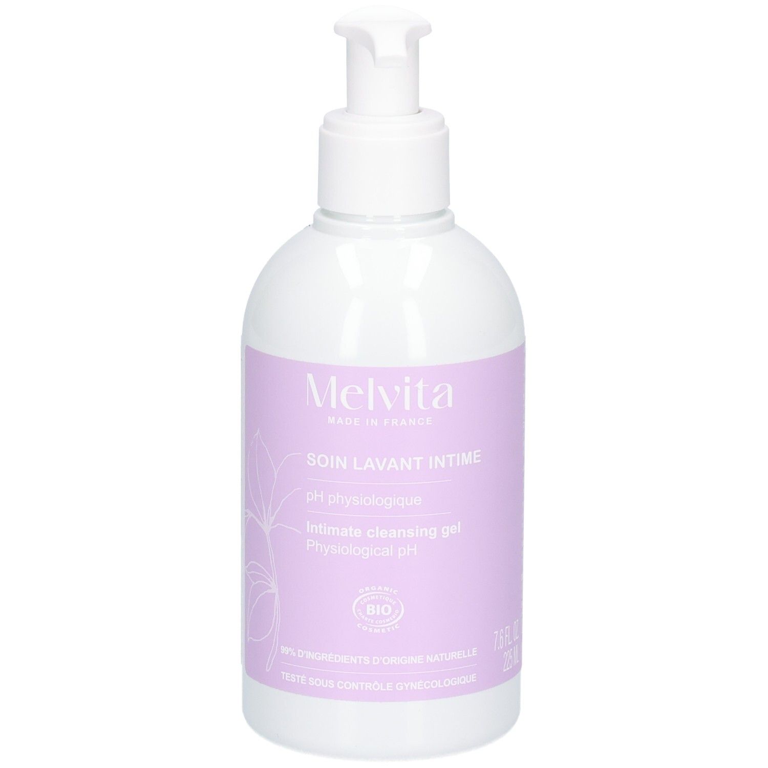 Gel lavant intime Melvita avec pompe. Flacon blanc, étiquette violette et label Bio.