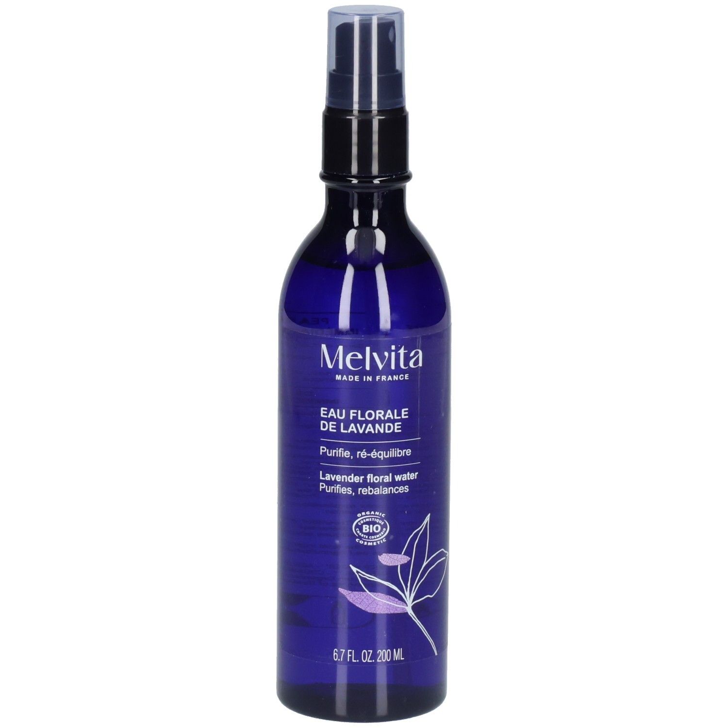 Melvita lavendelbloesemwater in blauwe spuitfles met etiket.